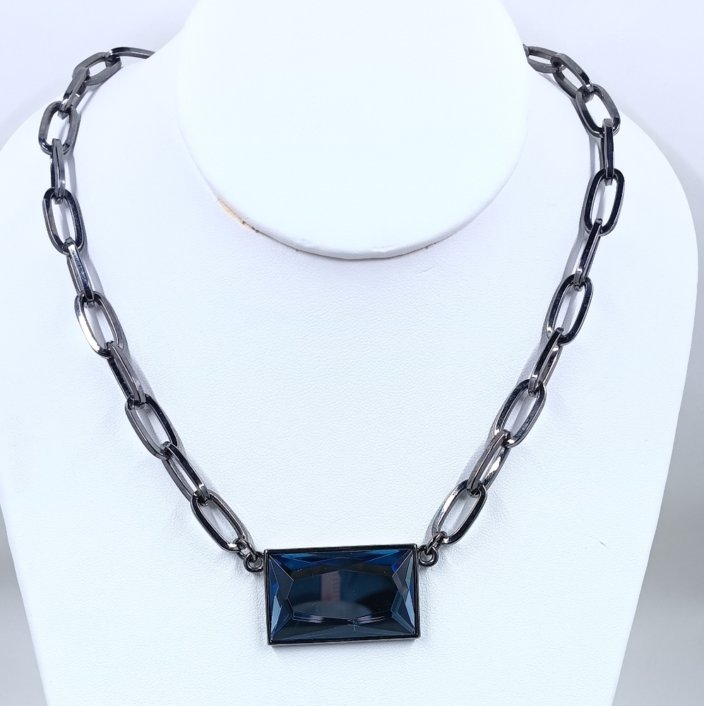 Lia Sophia Prisma Blue Crystal Gunmetal Chain Necklace